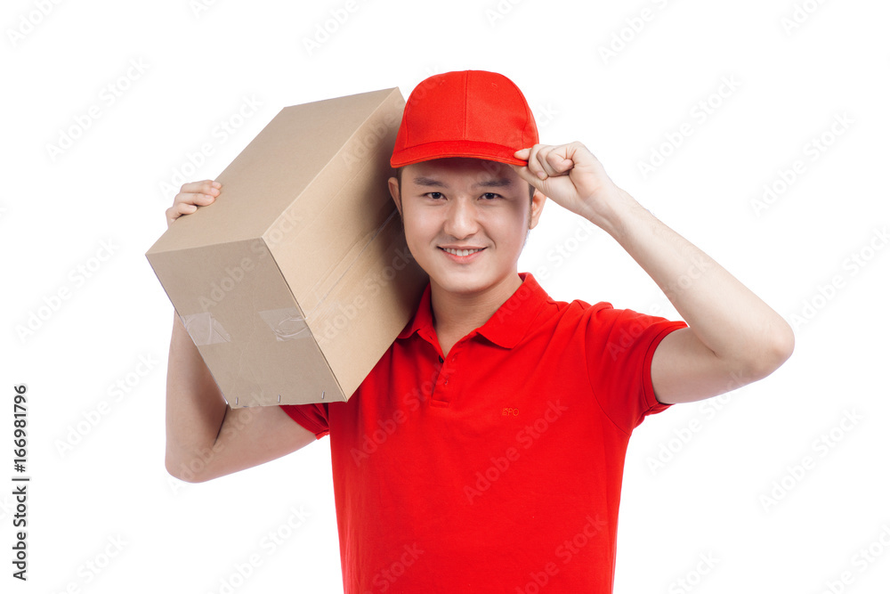 Portrait of delivery man service happily delivering package to costumer