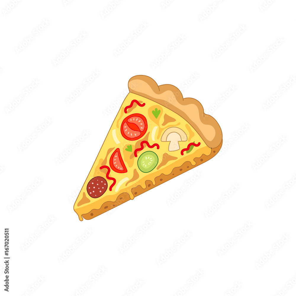 Vector pizza slice. Fast food flat cartoon isolated illustration on a white background. Pepperoni, c