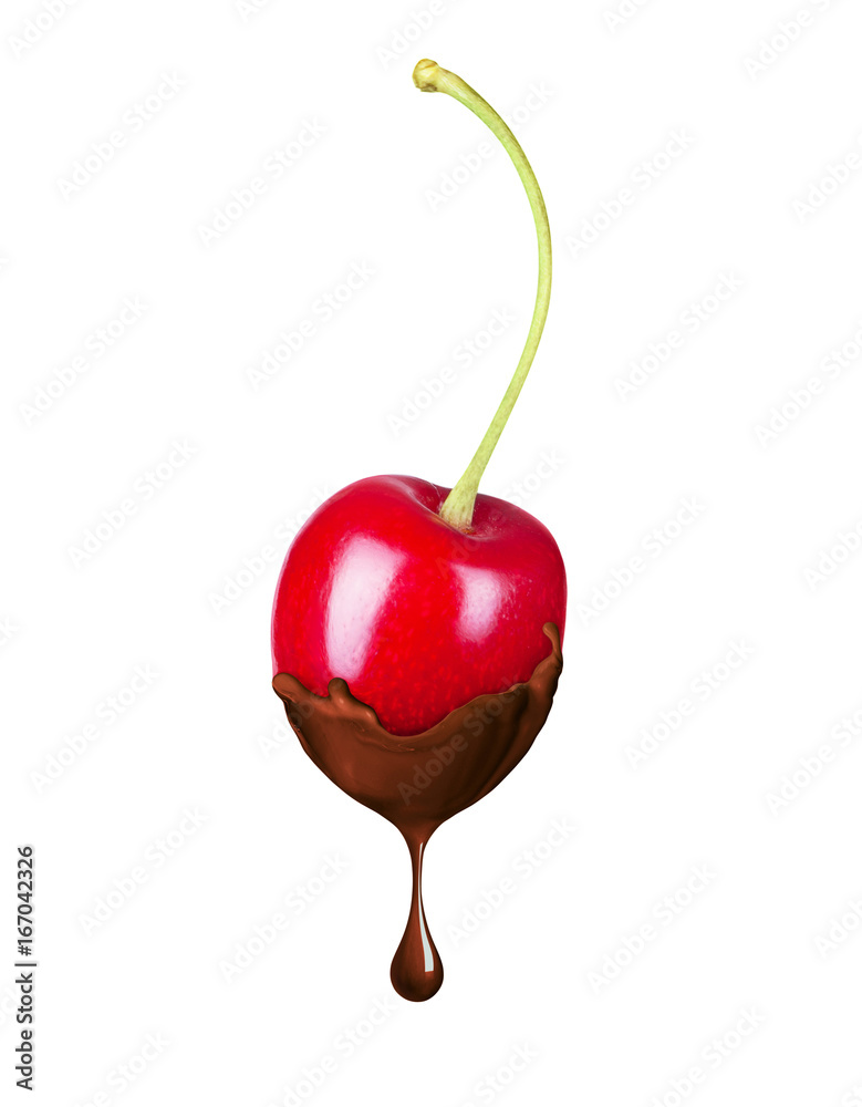 Cherry in liquid hot chocolate isolated on white background