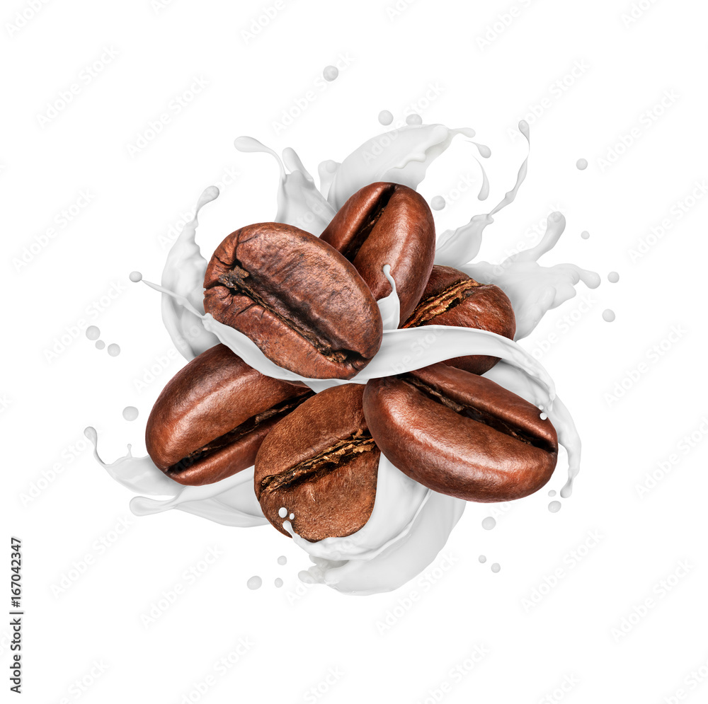 Coffee beans with splashes of milk isolated on white background