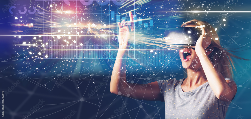 Graph with young woman using a virtual reality headset