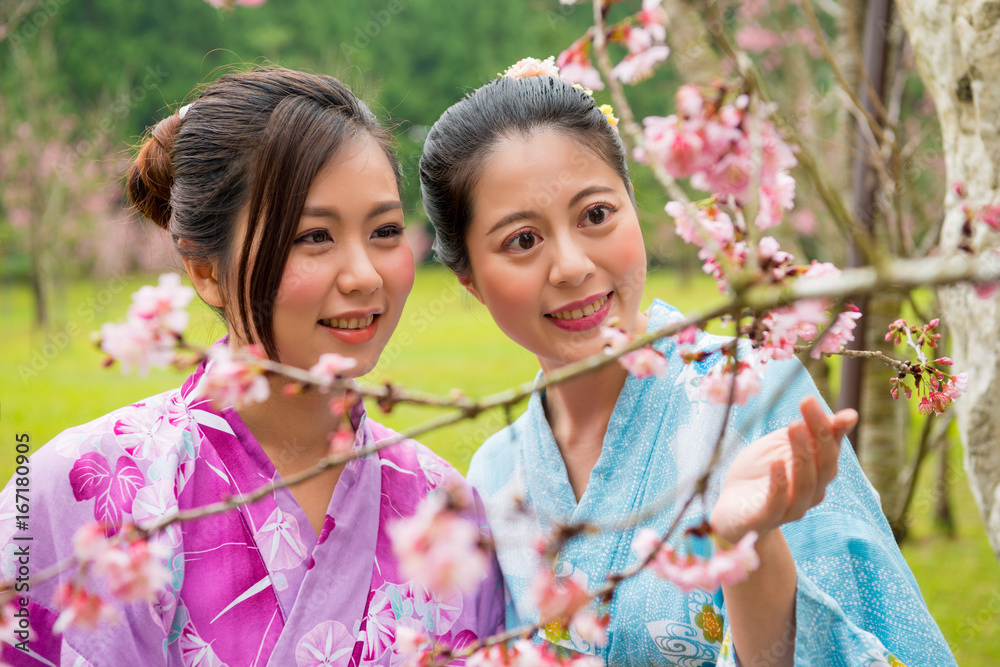 年轻女性游客观花特写