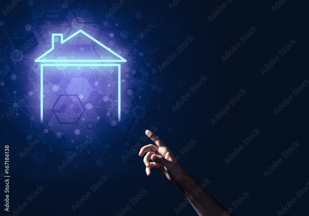 Conceptual image with hand pointing at house or main page icon o