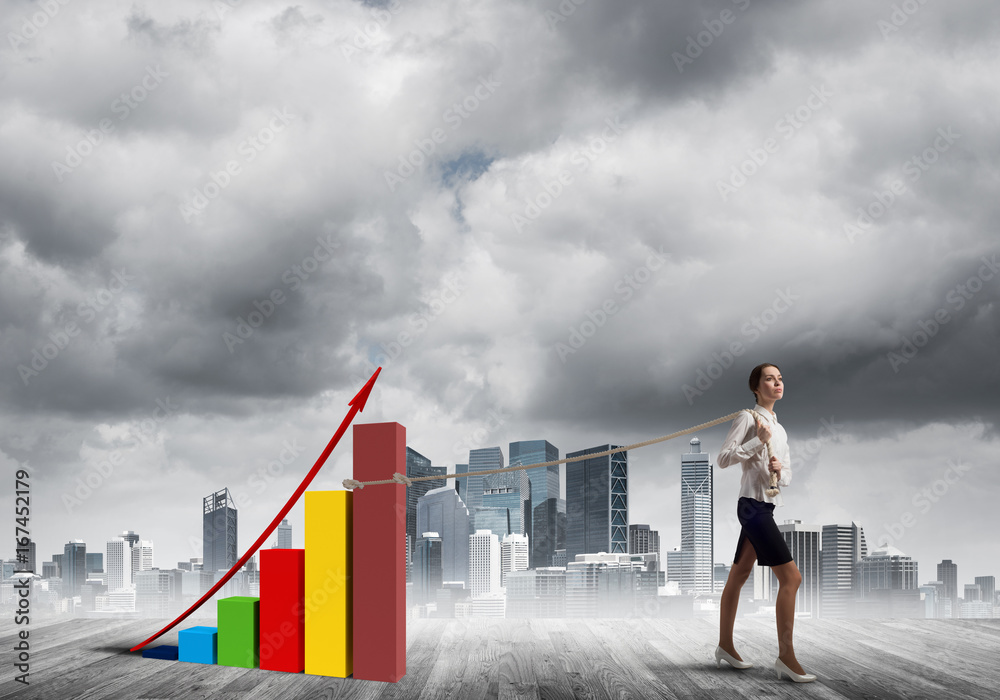 Businesswoman pulling arrow with rope and making it raise up