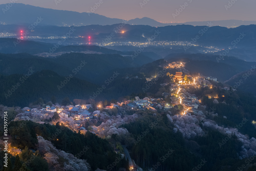 吉野山樱花点亮。日本最著名的奈良县吉野山