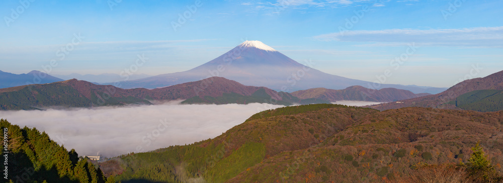 Panorama view of Mountain Fuji and Lake ashi , Hakone with sea of mist in autumn morning