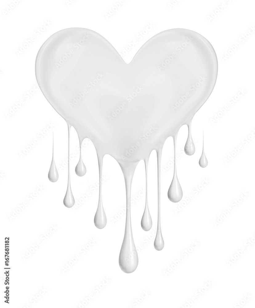 Splash of milk or cream in the shape of a heart with flowing drops on white background