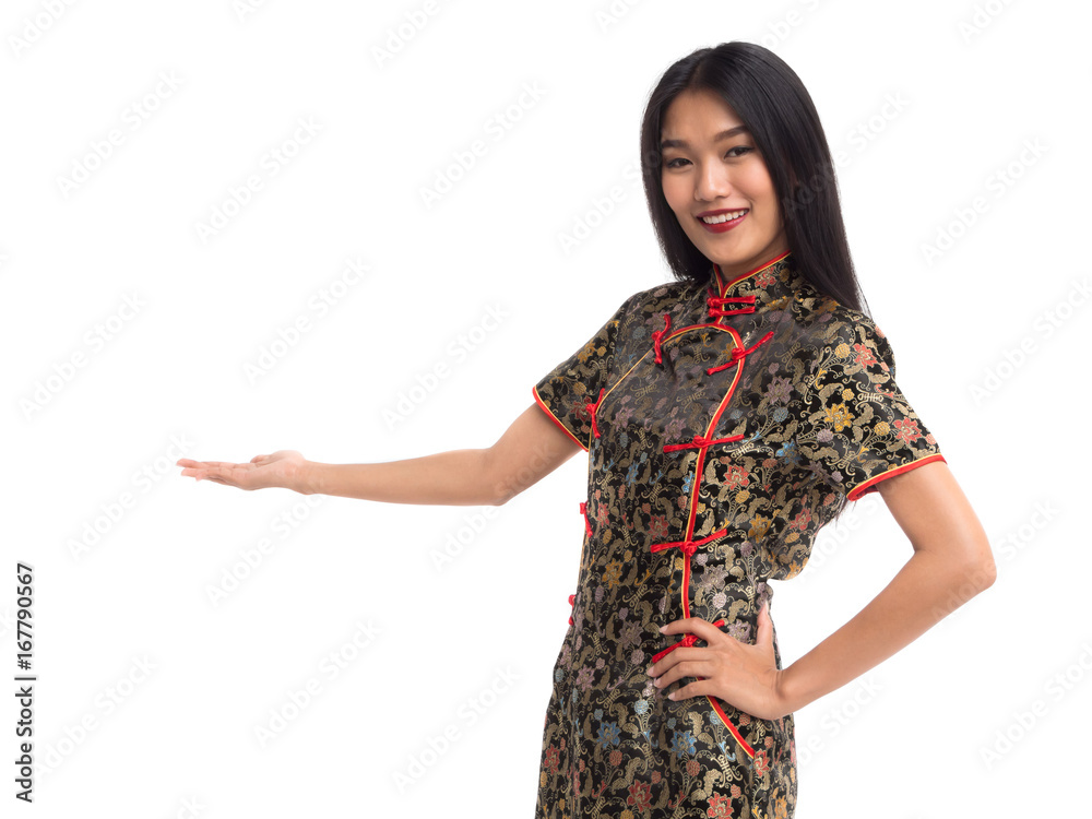 Chinese new year woman concept, isolated asian woman wearing red dress welcome acting