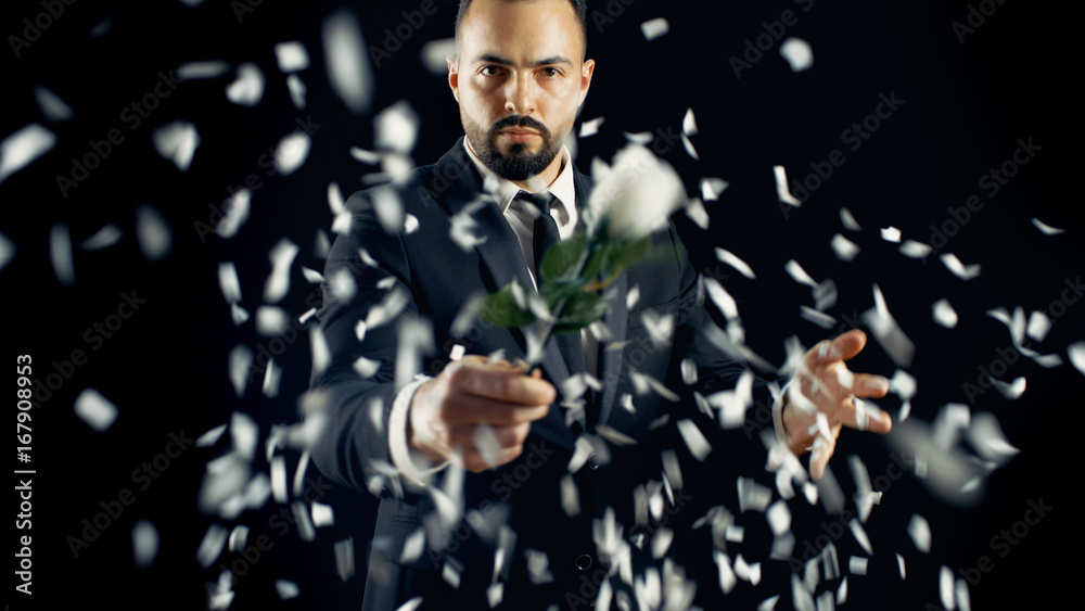 Professional Magician Performs Flower (Rose) Bud Disappearing and Appearing Spectacular Trick. The B