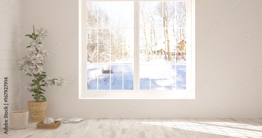 White empty room with winter landscape in window. Scandinavian interior design. 3D illustration