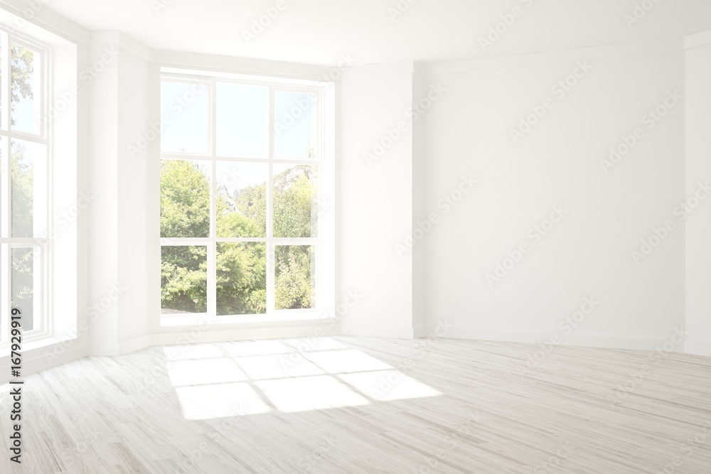 White empty room with summer landscape in window. Scandinavian interior design. 3D illustration