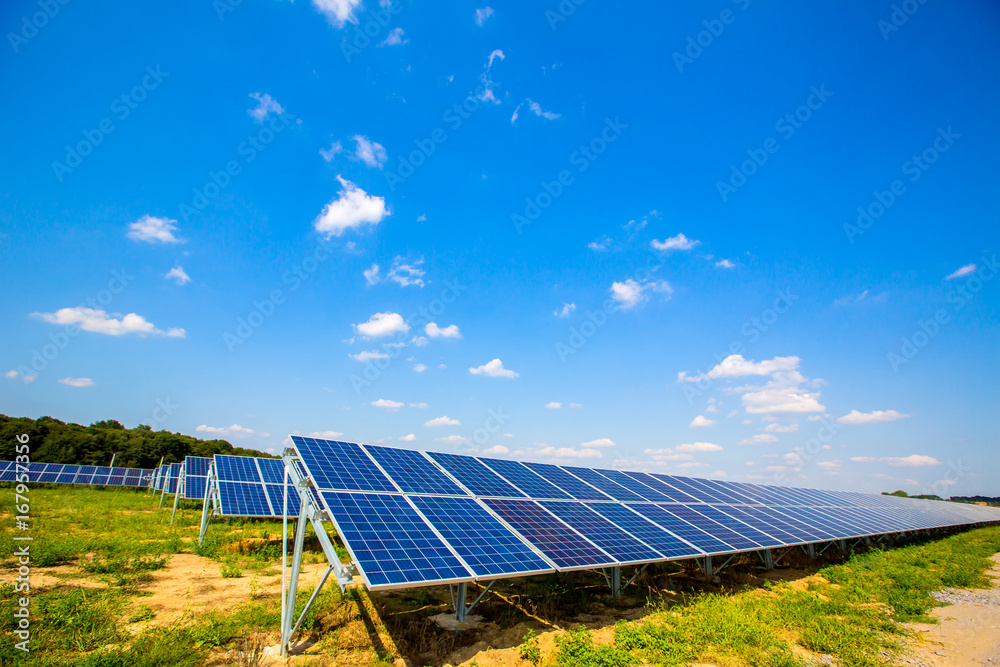 Solar panel on sky background. Photovoltaic power supply systems. Solar power plant. The source of e