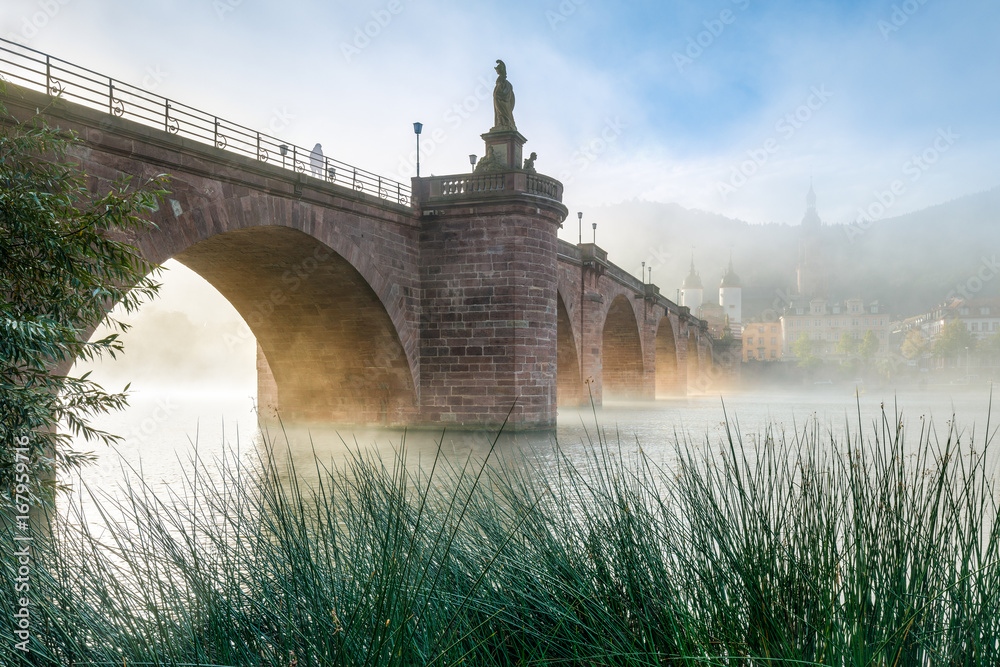 Alte Brücke in Heidelberg im Nebel