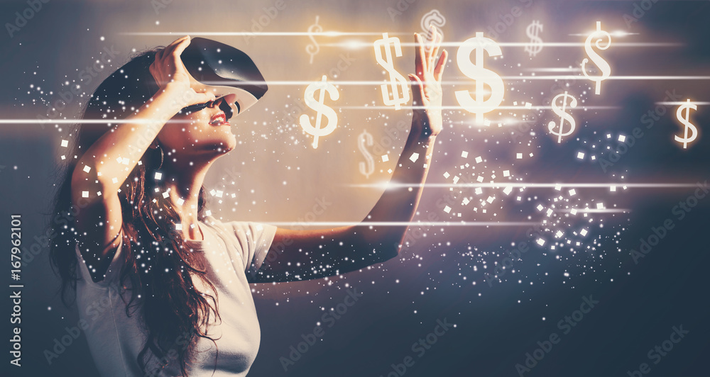 Dollars with young woman using a virtual reality headset