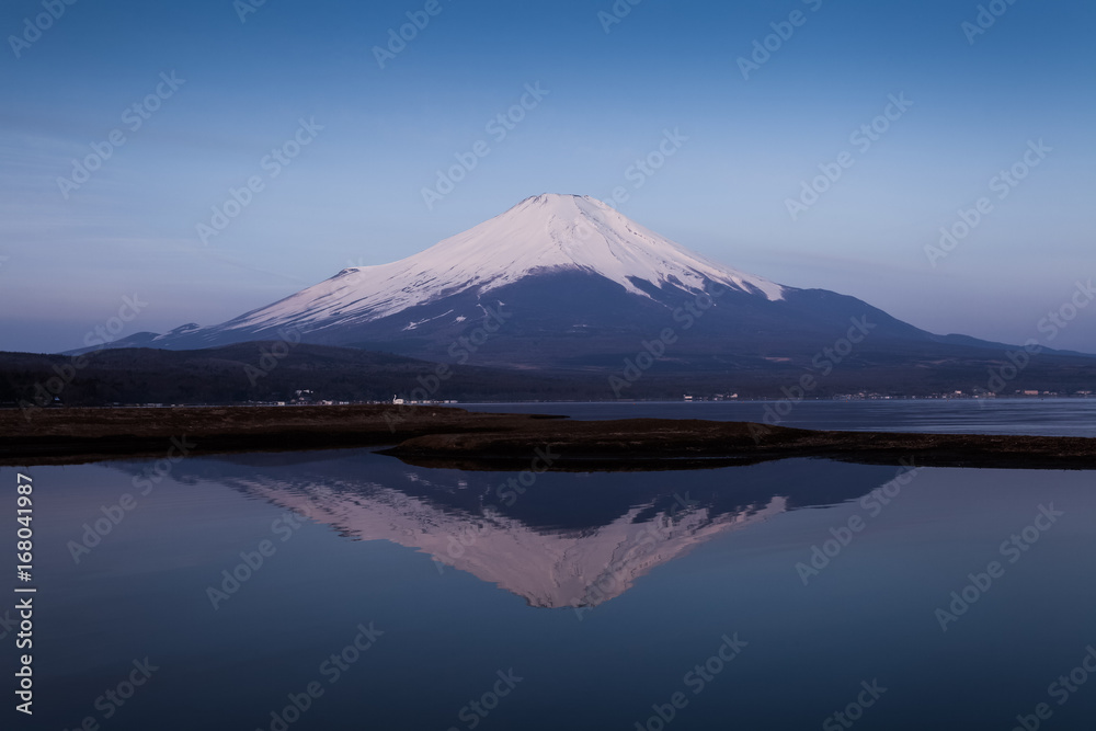 Mount Fuji in winter sunrise at Yamanakako lake , Yamanashi prefecture , Japan