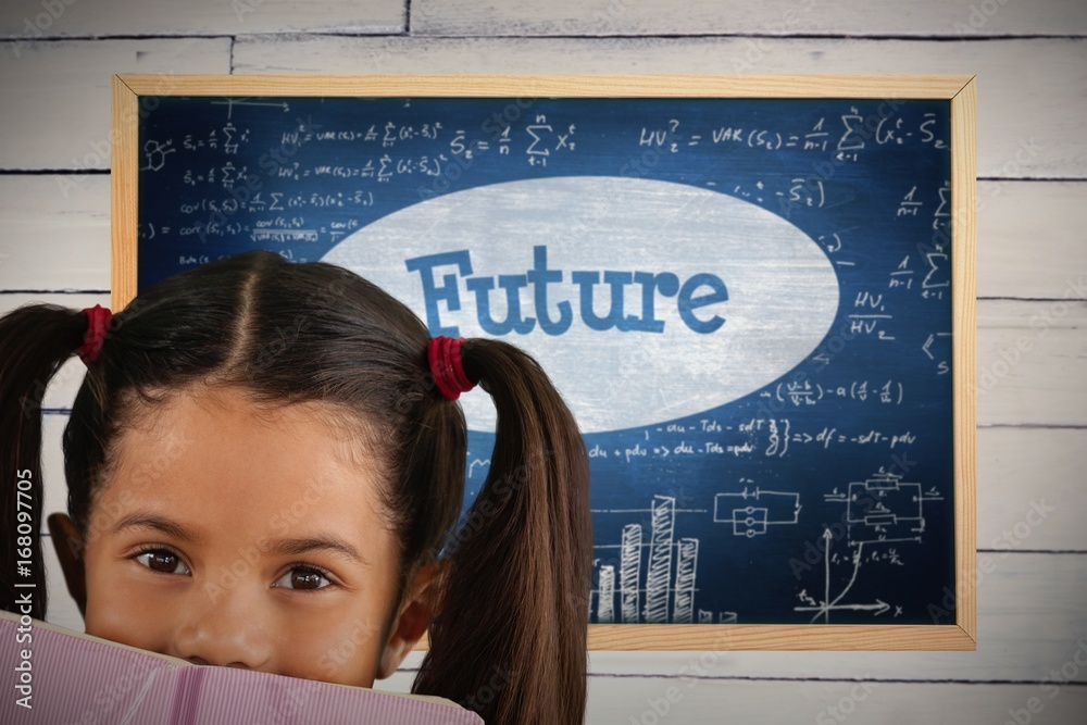 Composite image of schoolgirl covering mouth with book