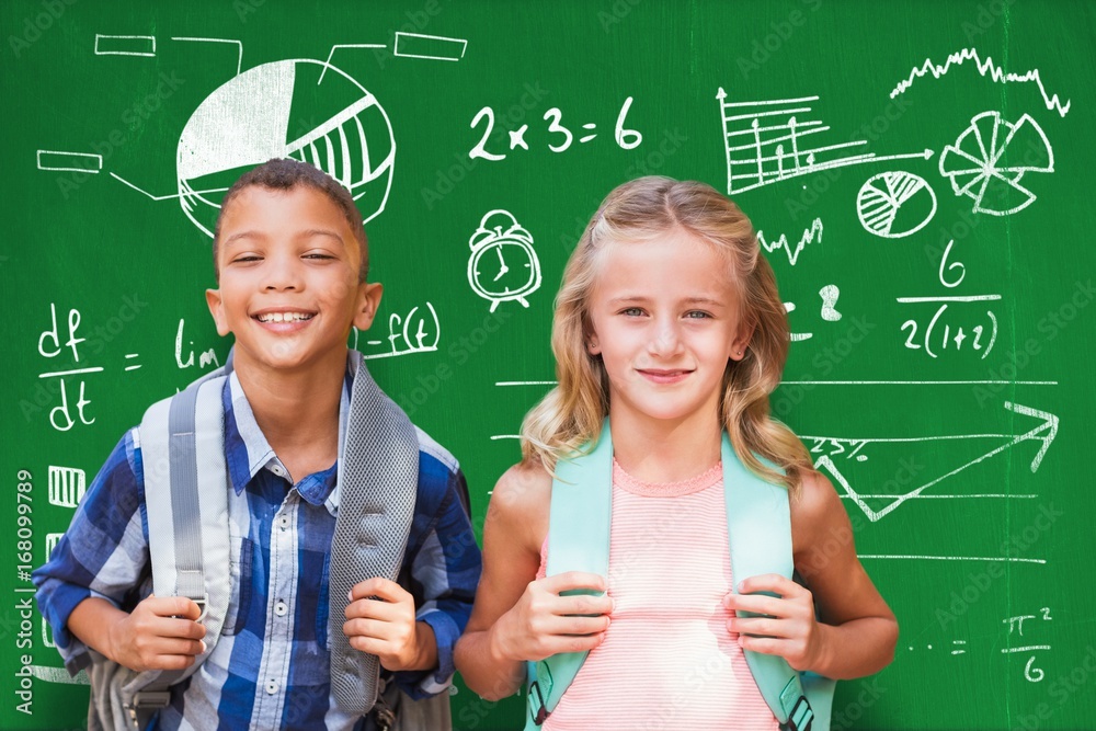 Composite image of portrait of students with backpacks