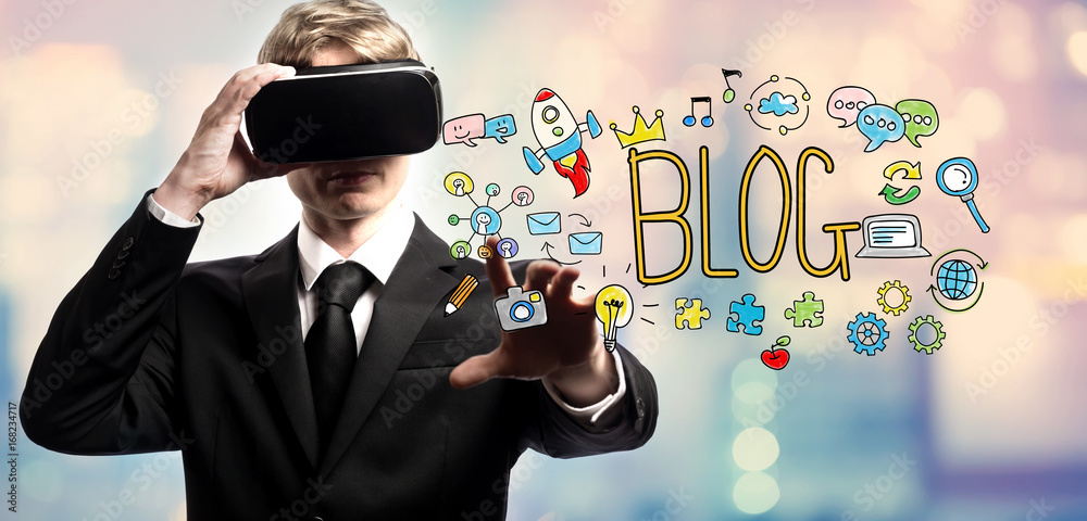 Blog text with businessman using a virtual reality headset