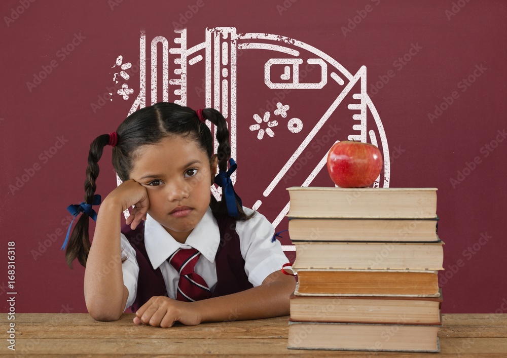 Student girl at table against red blackboard with school and edu