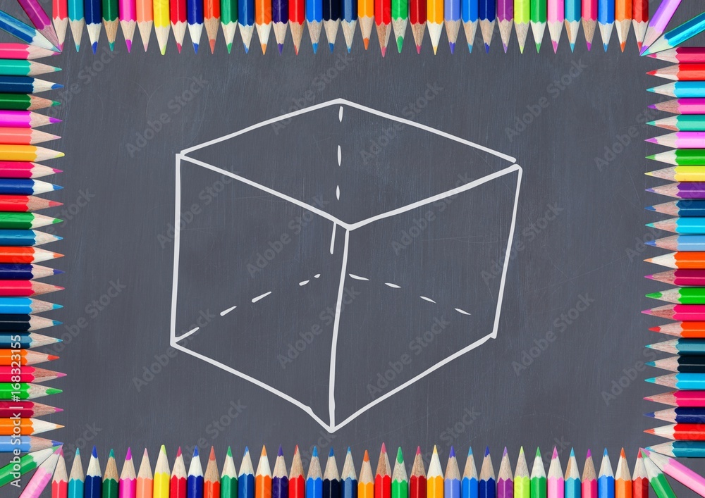 cube on blackboard with coloring pencils