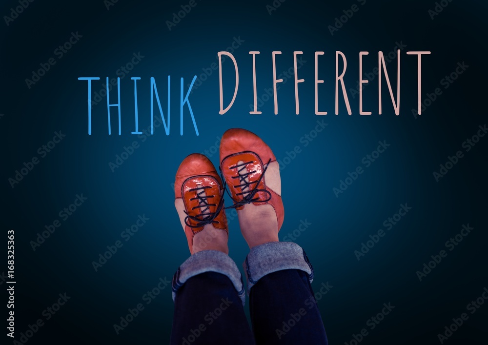 Think Different text and red shoes on feet with blue background