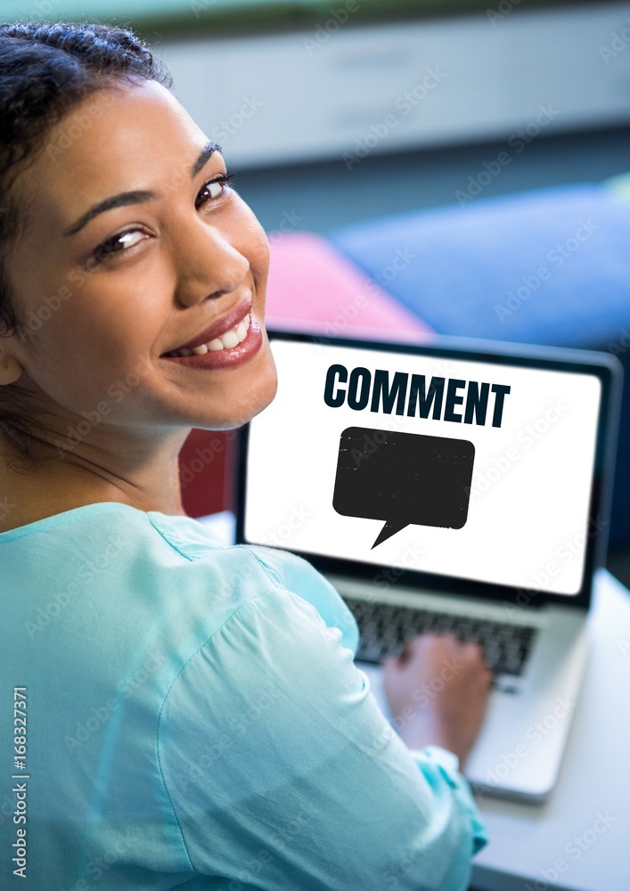 Comment text and chat graphic on laptop screen with woman