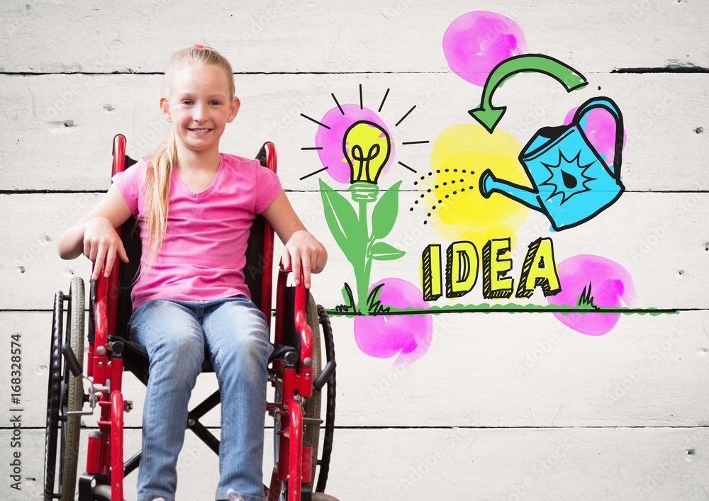 Disabled girl in wheelchair with colorful idea graphics