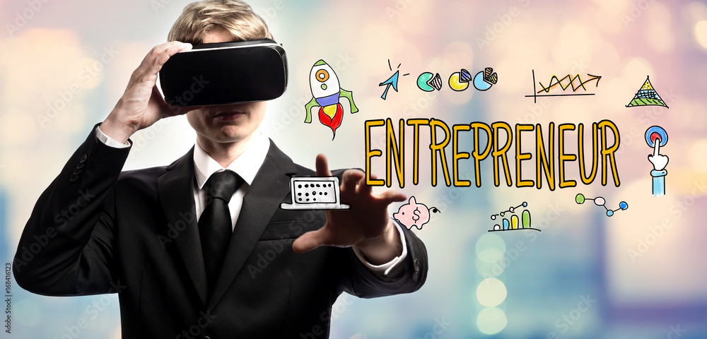 Entrepreneur text with businessman using a virtual reality headset