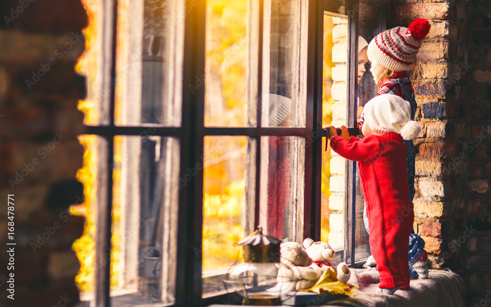 Children brother and sister admiring window for autumn