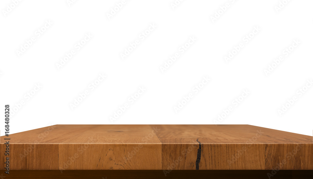 empty wooden table top isolated on white background, used for display or montage your products