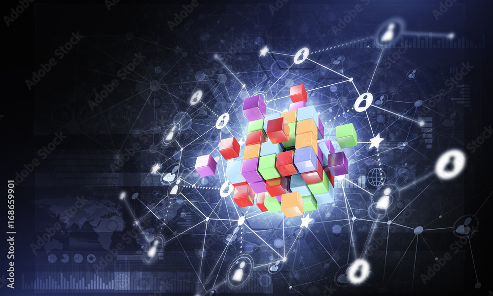 Concept of Internet and networking with digital cube figure on d