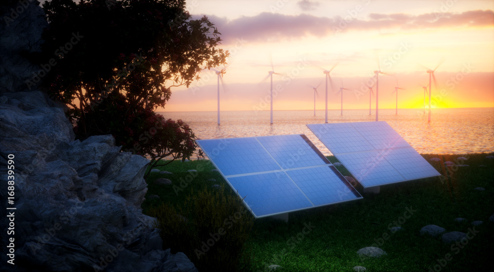 Renewable energy concept - photovoltaic and offshore wind turbines. 3d rendering.