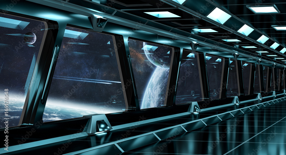 Spaceship corridor with view on distant planets system 3D rendering elements of this image furnished