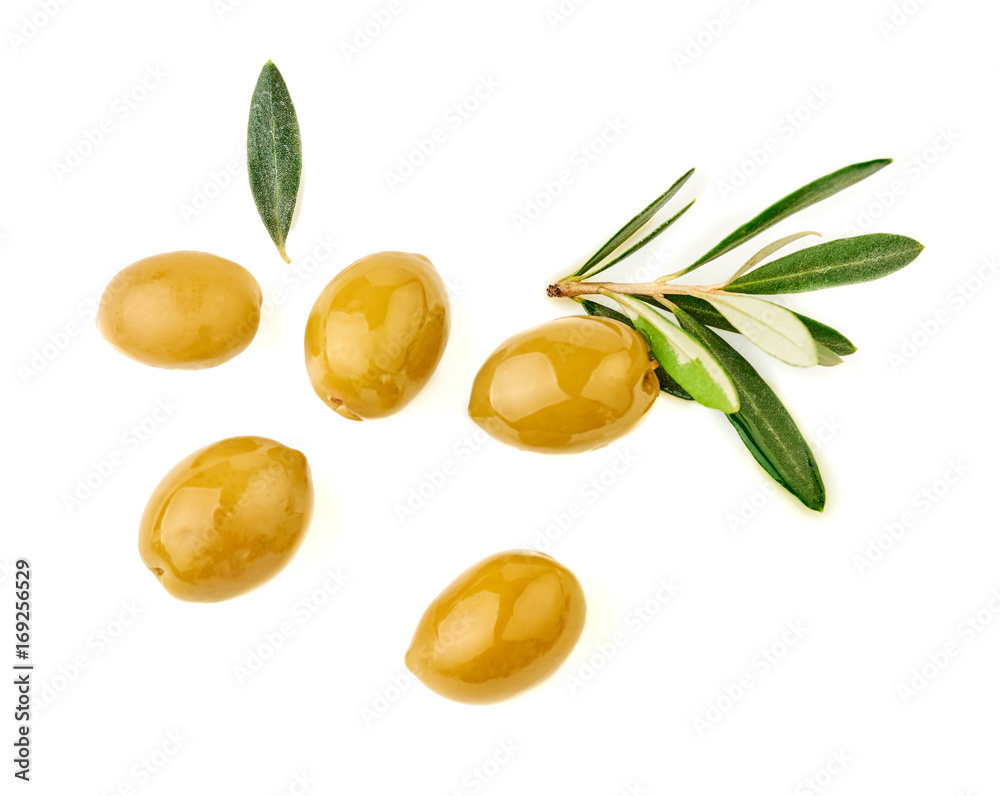 Olives with branch of olive tree on white background