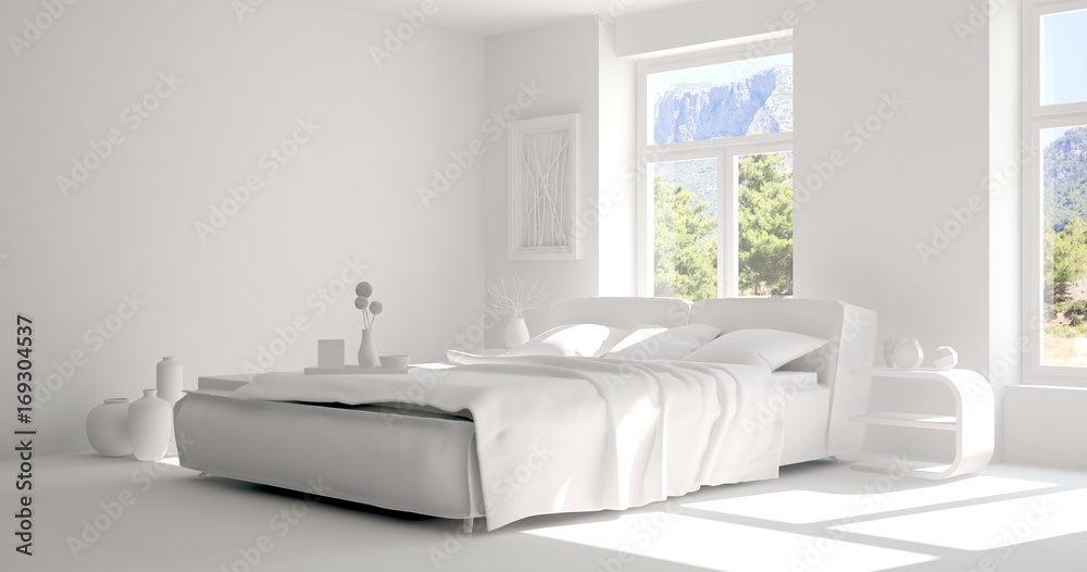 Inspiration of white minimalist  bedroom with summer landscape in window. Scandinavian interior desi