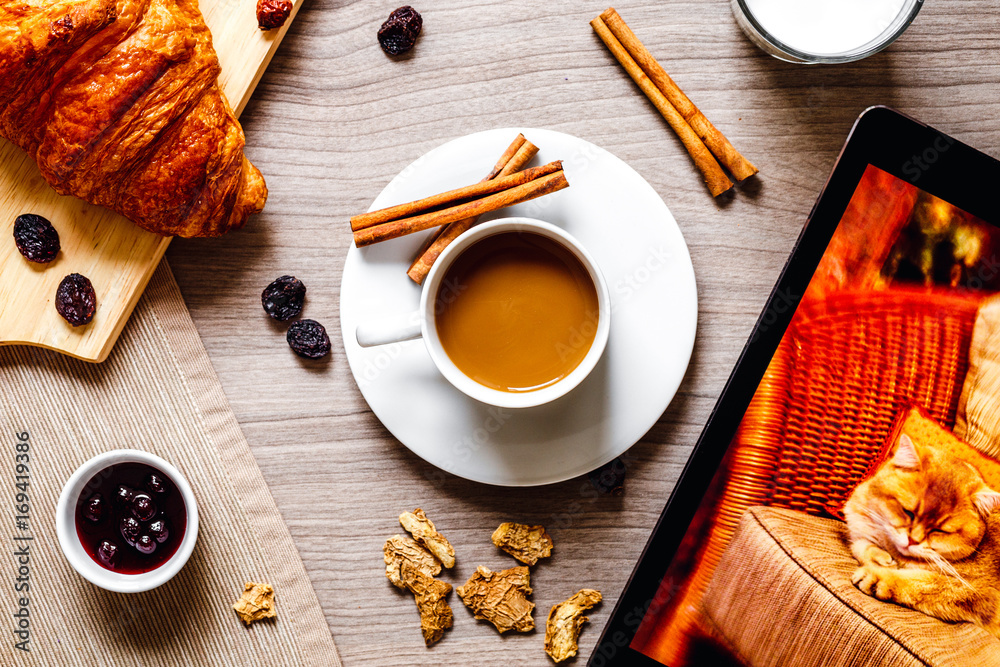 breakfast at home on wooden table with cup of  coffee