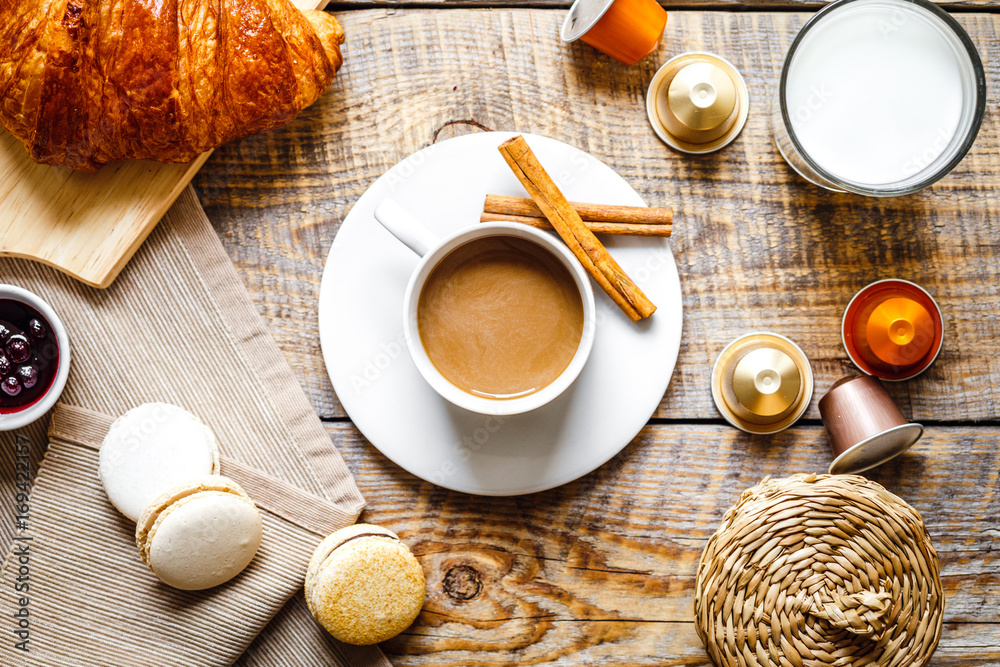 breakfast at home on wooden table with cup of  coffee