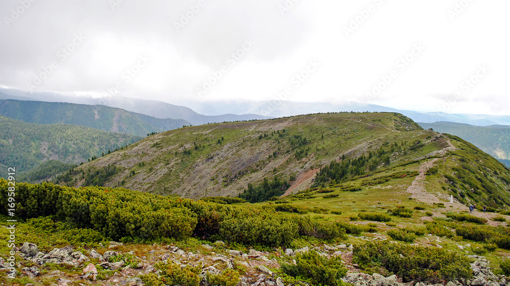 夏季山地景观。俄罗斯贝加尔湖的山丘和草地景观