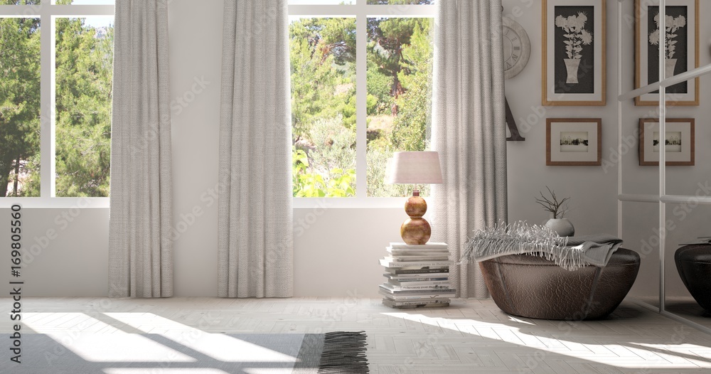 White empty room with summer landscape in window. Scandinavian interior design. 3D illustration