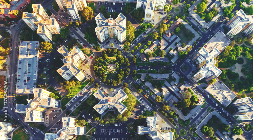 Aerial view of buildings on near Wilshire Blvd in Westwood, Los Angeles, CA