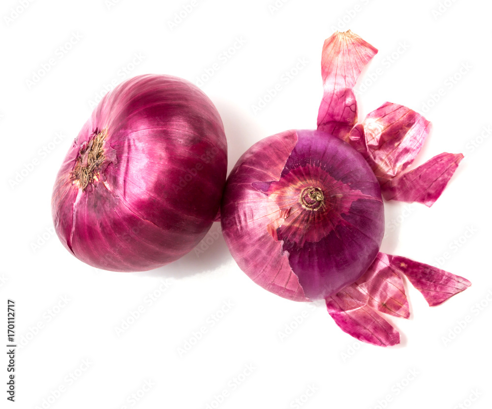 The Fresh red onion bulb and onion peel isolated on white background