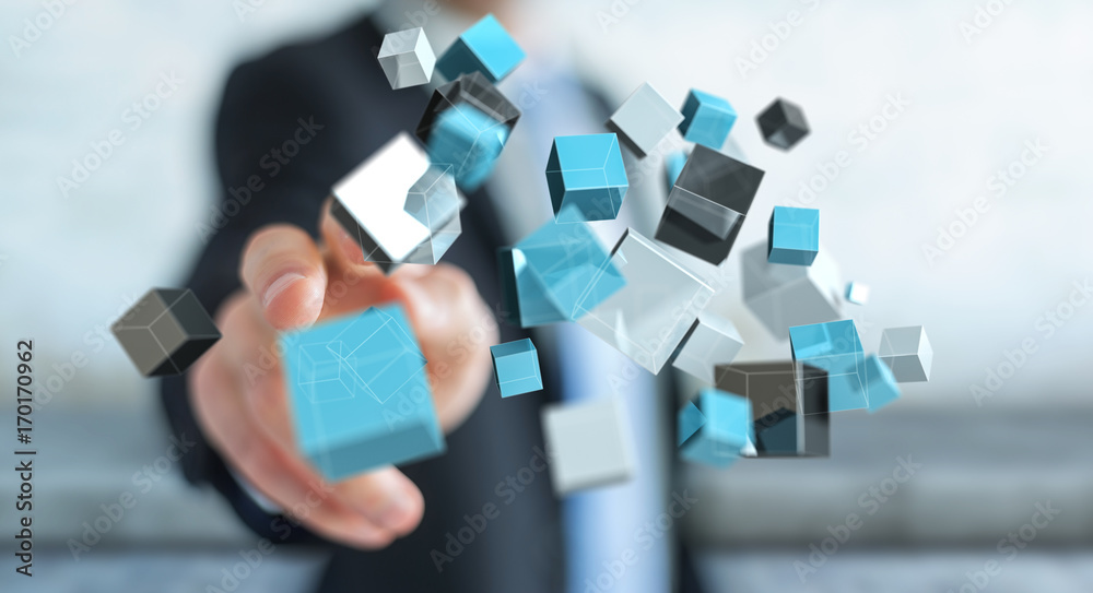 Businessman touching floating blue shiny cube network 3D rendering