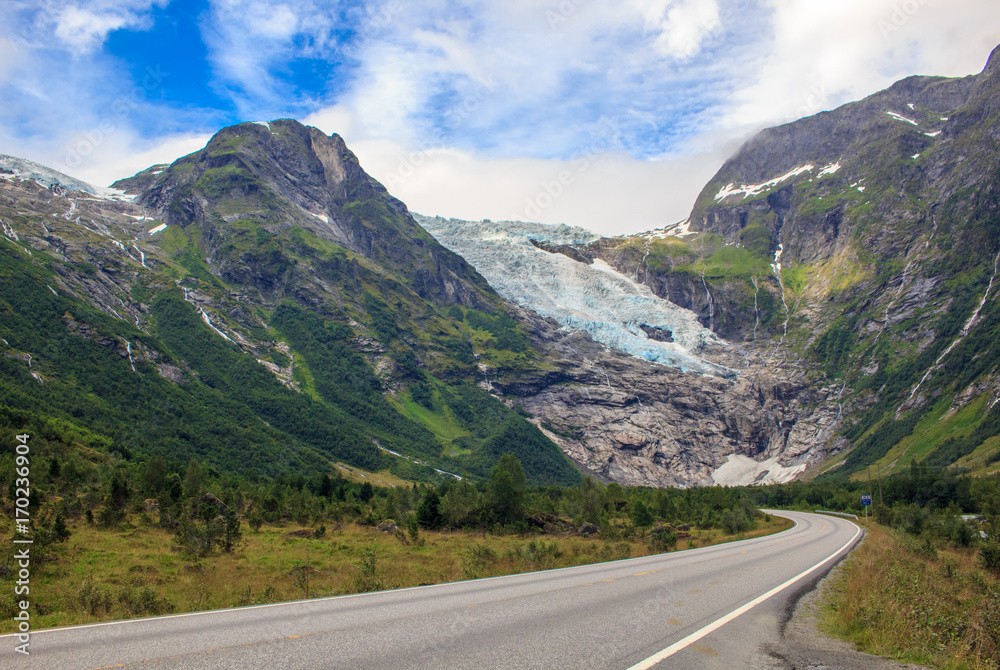 Norway road with a view of the glacier in Norway.