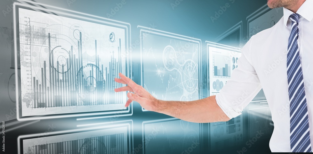 Composite image of businessman holding his hand out