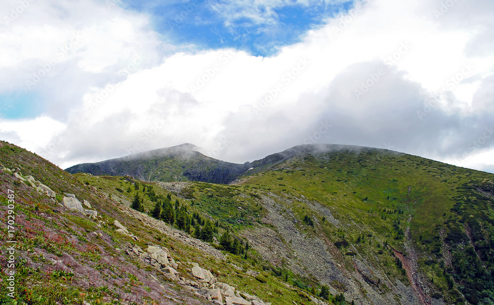 夏季山地景观。俄罗斯贝加尔湖的山丘和草地景观