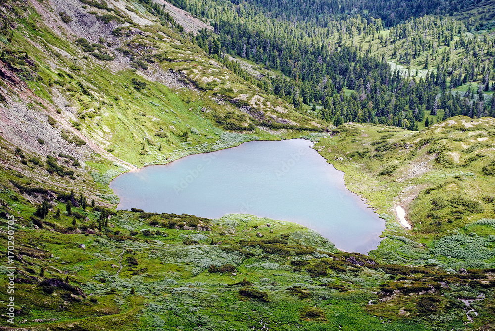 夏季山地景观。俄罗斯贝加尔湖上的山丘和草地景观