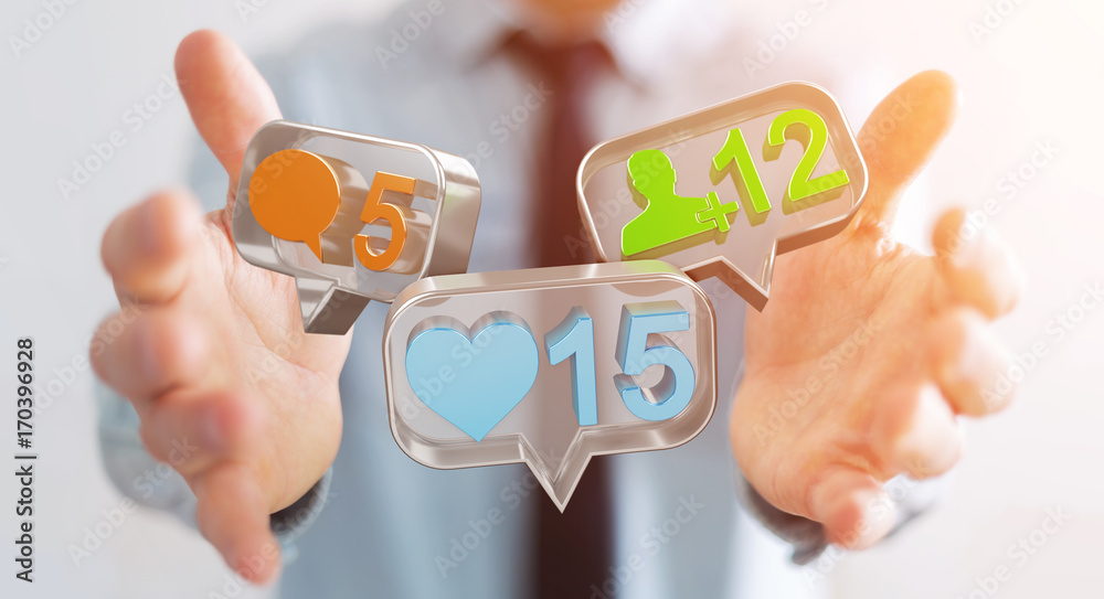 Businessman using digital colorful social media icons 3D rendering