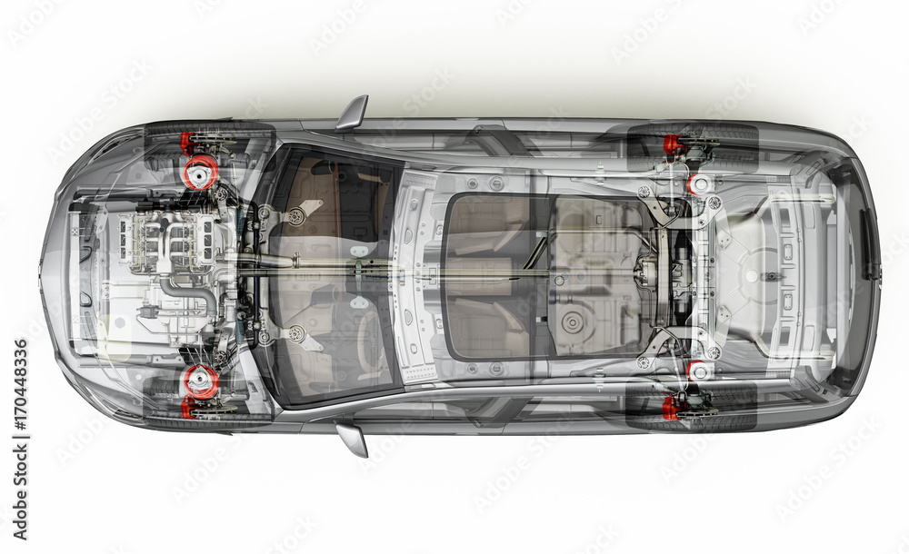 Suv detailed cutaway 3D rendering. Top view.