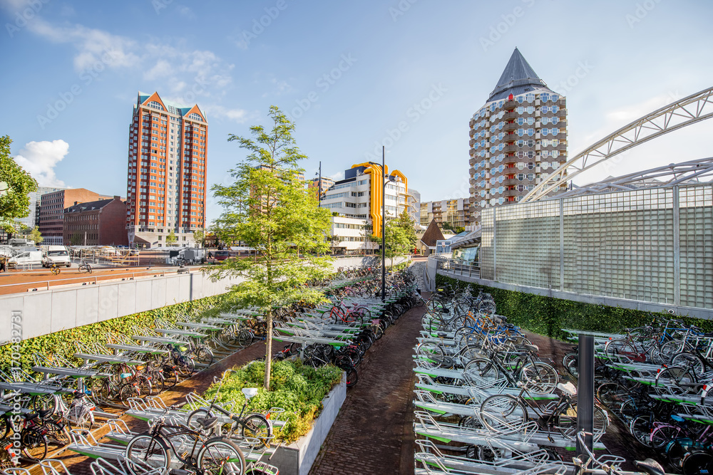 View on the bicycle parking and buildings on the central square in Rotterdam city