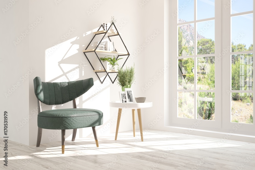 White room with armchair and green landscape in window. Scandinavian interior design. 3D illustratio